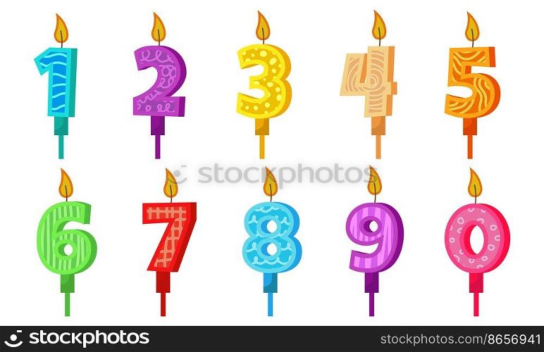 Birthday candles with numbers and fire. Set colored icons for anniversary or party celebration. Holiday candlelight with wax and funny cartoon candle for cake. Collection object zero to nine vector