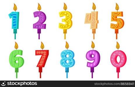 Birthday candles with numbers and fire. Set colored icons for anniversary or party celebration. Holiday candlelight with wax and funny cartoon candle for cake. Collection object zero to nine vector