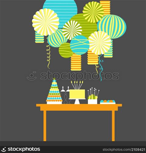 Birthday candy bar with cake. Dessert table and paper lanterns.Vector illustration. . Birthday candy bar with cake. Dessert table and paper lanterns.