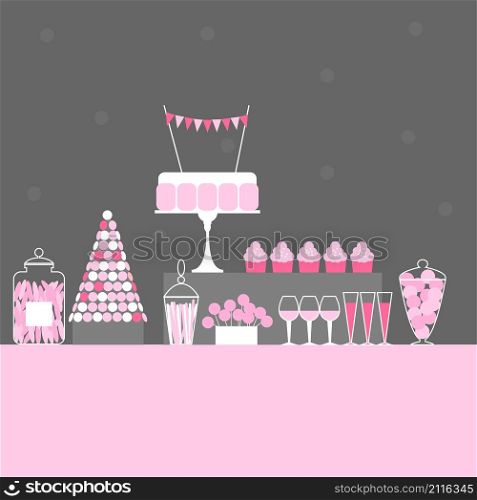 Birthday candy buffet .Wedding sweet bar with cake. Dessert table. Vector illustration.. Wedding dessert bar with cake. Vector illustration.