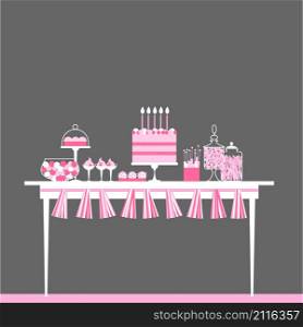 Birthday candy buffet .Wedding sweet bar with cake. Dessert table. Vector illustration.. Wedding dessert bar with cake. Vector illustration.