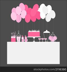 Birthday candy buffet with balloons. Wedding sweet bar with cake. Dessert table. Pink colors. Vector illustration.. Birthday candy buffet with balloons.