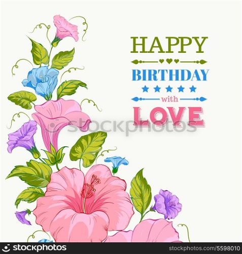 Birthday card. Color garland of flowers. Vector illustration.