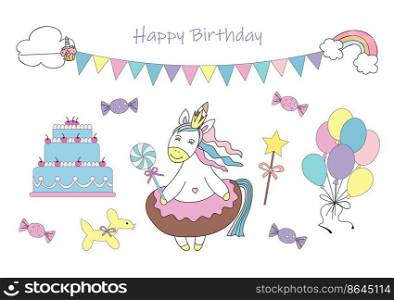 Birthday card. Cute princess unicorn, cake, candies and balloons. Vector illustration.. Birthday card. Cute princess unicorn, cake, candies and balloons. Vector illustration. White background.