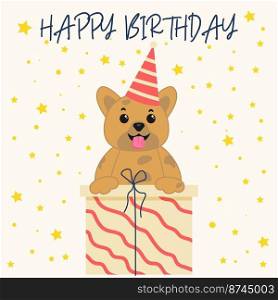 Birthday card with a cute a smiling corgi face.Template for nursery design, poster, birthday card, invitation, baby shower and party decor.Vector illustration.