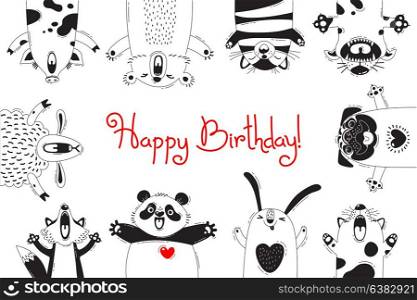 Birthday Card with Funny Animals Pig Bear Fox Sheep Cat Pug Panda Rabbit. Birthday Card with Funny Animals Pig Bear Fox Sheep Cat Pug Panda Rabbit. Vector illustration.
