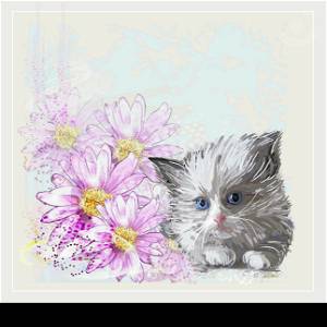birthday card with little fluffy kitten and gerberas
