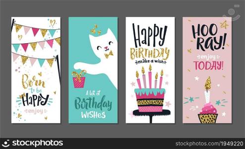 Birthday cards. Gift posters, cute greetings banners template. Art typography designs with lettering and golden glitters elements vector set. Gift birthday headline, celebration postcard illustration. Birthday cards. Gift posters, cute greetings banners template. Art typography designs with lettering and golden glitters elements vector set