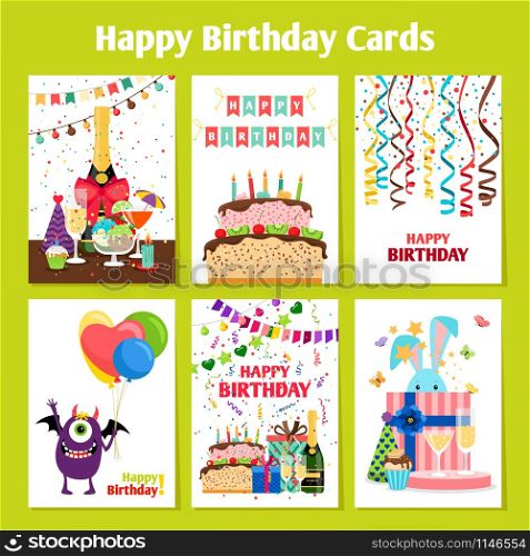 Birthday cards with cake, presents and cute monster, vector illustration. Birthday cards set