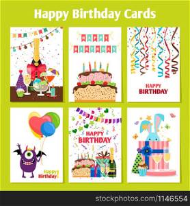 Birthday cards with cake, presents and cute monster, vector illustration. Birthday cards set