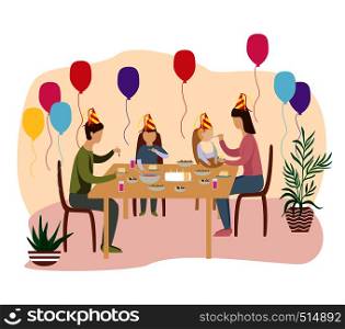 Birthday celebration at the table with the family and friends. Candy drinks balloons and more. Flat Design vector Illustration. Birthday celebration at the table with the family and friends.