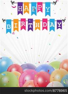 Birthday celebration greeting card with colorful balloons and confetti