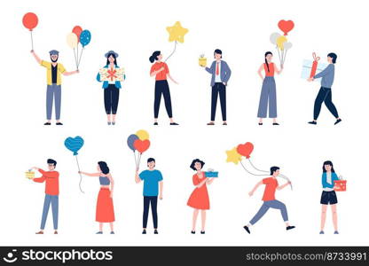 Birthday celebration happy characters. Friends hold gift and balloons, anniversary celebrating. Family party or festival, people and confetti recent vector set of character birthday party. Birthday celebration happy characters. Friends hold gift and balloons, anniversary celebrating. Family party or festival, people and confetti recent vector set