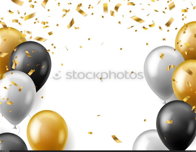 Birthday celebration party banner. Realistic gold, white and black festive balloons and golden confetti poster, invitation or greeting card with copy space, vector carnival event isolated background. Birthday celebration party banner. Realistic gold, white and black festive balloons and golden confetti poster, invitation or greeting card with copy space, vector carnival background