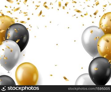 Birthday celebration party banner. Realistic gold, white and black festive balloons and golden confetti poster, invitation or greeting card with copy space, vector carnival event isolated background. Birthday celebration party banner. Realistic gold, white and black festive balloons and golden confetti poster, invitation or greeting card with copy space, vector carnival background