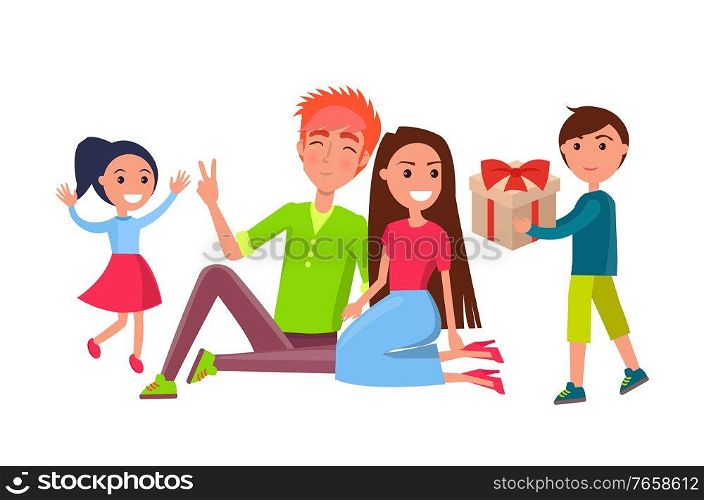 Birthday celebration party vector, people at home with kids giving presents. Father and mother with children holding gift in box wrapped in paper and bow. Birthday Celebration Party, People Home with Kids
