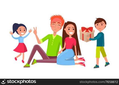 Birthday celebration party vector, people at home with kids giving presents. Father and mother with children holding gift in box wrapped in paper and bow. Birthday Celebration Party, People Home with Kids