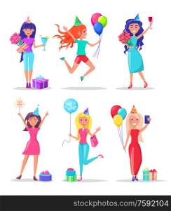 Birthday celebration, women with gifts and balloons vector. Girls in festive hats, bouquet and present, cocktail and wine, sparkler and pack, postcard. Women Celebrating Birthday, Gift and Balloons
