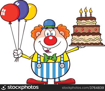 Birthday Clown Cartoon Character With Balloons And Cake With Candles