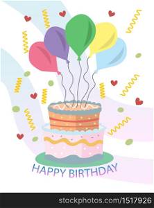 birthday concept with big cake, gifts and balloon vector