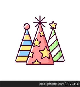 Birthday cone hats RGB color icon. Festive decoration for surprise party. Celebrate special event. Entertainment and fun for children. Paper headwear for party. Isolated vector illustration. Birthday cone hats RGB color icon