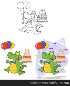 Birthday Crocodile Holding Up A Birthday Cake. Collection Set