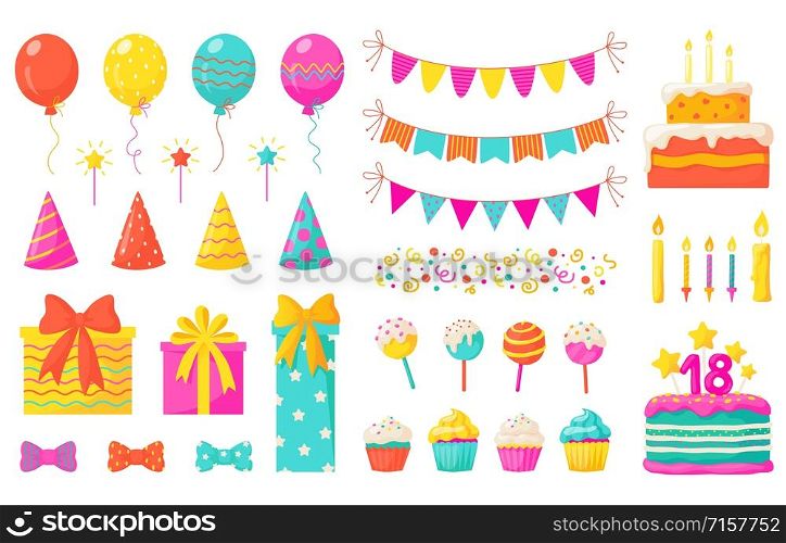Birthday decoration. Kids party design elements, confetti balloons cakes colorful paper ribbons candles. Vector celebration birthday set with flag and balloons for happy baby holiday illustration. Birthday decoration. Kids party design elements, confetti balloons cakes colorful paper ribbons candles. Vector birthday set