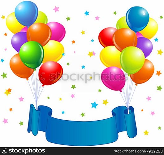 Birthday design with balloons, confetti &amp; copy space ribbon.