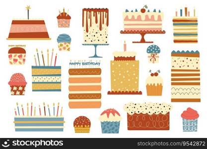 Birthday desserts. Cartoon sweet baked cake with cream and fruits, colorful sweet pastry for celebration. Vector bakery food set. Holiday bakery, delicious cupcake with candles, happy event. Birthday desserts. Cartoon sweet baked cake with cream and fruits, colorful sweet pastry for celebration. Vector bakery food set