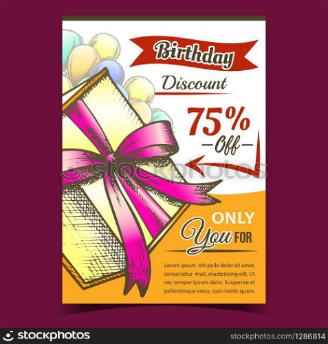 Birthday Discount Gift Box Advertise Banner Vector. Gift Box In Square Form With Ribbon And Air Balloons On Background. Festive Container Layout Hand Drawn In Vintage Style Colored Illustration. Birthday Discount Gift Box Advertise Banner Vector