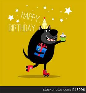 Birthday dog label. Happy dog on rollers and with gifts for greeting card vector illustration. Happy dog on rollers greeting card