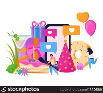 Birthday flat composition with images of festive hat and donut with gift boxes and human characters vector illustration. Birthday Likes Flat Background