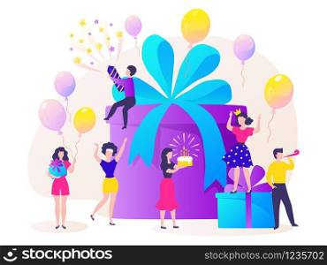 Birthday gift box. Cartoon happy characters celebrating party and dancing at birthday present. Vector concept surprise of friends have fun. Birthday gift box. Cartoon happy characters celebrating party and dancing at birthday present. Vector concept of friends have fun