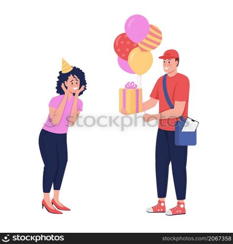 Birthday gift delivery semi flat color vector characters. Interacting figures. Full body people on white. Receive present isolated modern cartoon style illustration for graphic design and animation. Birthday gift delivery semi flat color vector characters