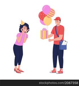 Birthday gift delivery semi flat color vector characters. Interacting figures. Full body people on white. Receive present isolated modern cartoon style illustration for graphic design and animation. Birthday gift delivery semi flat color vector characters