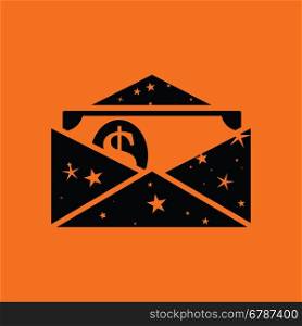 Birthday gift envelop icon with money . Orange background with black. Vector illustration.