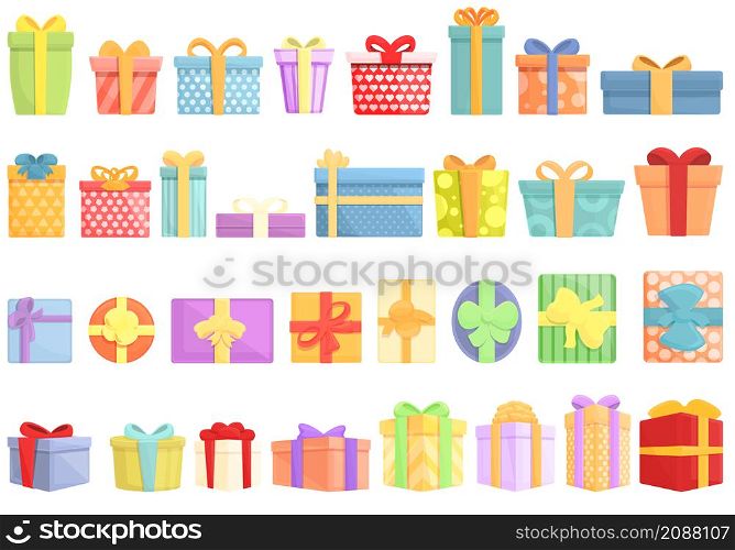 Birthday gift icons set cartoon vector. Present box. Card bow. Birthday gift icons set cartoon vector. Present box