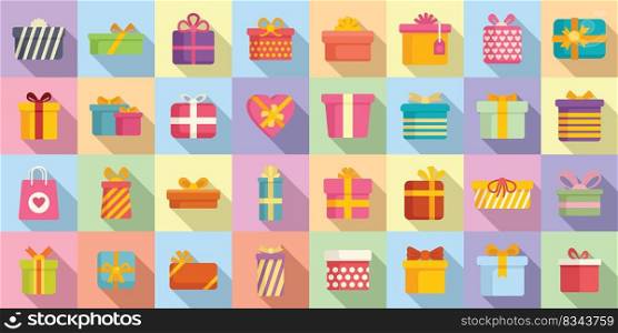 Birthday gift icons set flat vector. Present box. Card bow. Birthday gift icons set flat vector. Present box