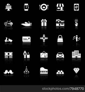 Birthday gift icons with reflect on black background, stock vector