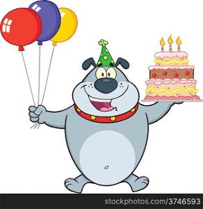 Birthday Gray Bulldog Cartoon Mascot Character Holding Up A Birthday Cake With Candles