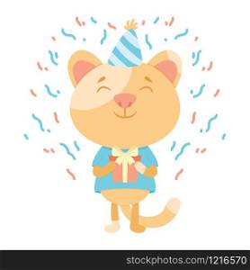 Birthday greeting card with a cat. Cute kitty cat vector illustration. Congratulations on birthday. A cat in a festive cap with present. Postcard backdrop.