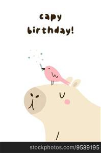 Birthday greeting card with cute capybara and bird. Bright holiday postcard with adorable animals. Birthday greeting card with cute capybara. Bright holiday postcard.