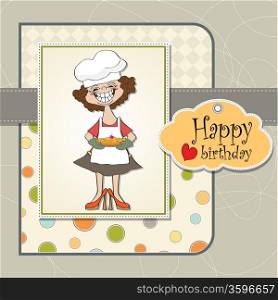 birthday greeting card with funny woman and pie