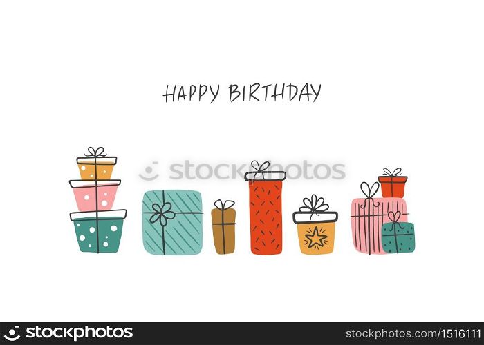 Birthday greeting card with gifts and lettering Happy Birthday. Scandinavian vector illustration with Bday gifts.
