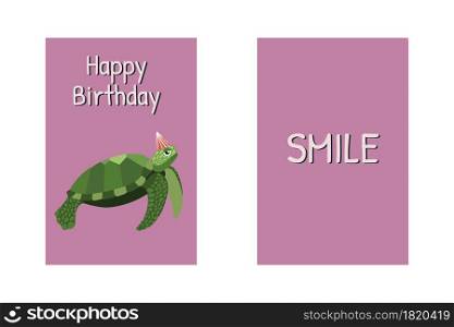 Birthday greeting cards with turtle, Happy Birthday sign and funny quote Smile. Funny cartoon illustration. Cute sea animals character. Birthday greeting cards with turtle, Happy Birthday sign and funny quote Smile.