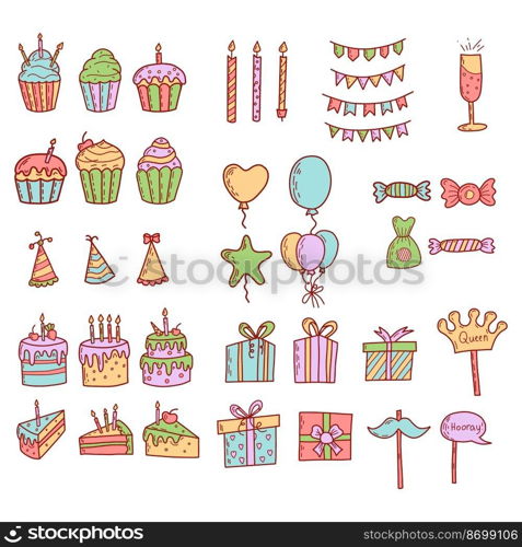 Birthday greeting party decorations. Gifts presents, cupcakes, celebration cake.. Birthday greeting party decorations. Gifts presents, cupcakes, celebration cake
