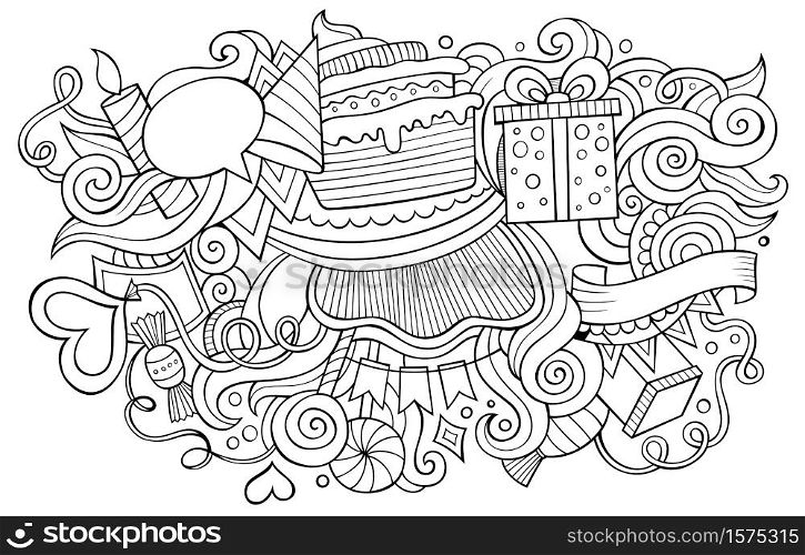 Birthday hand drawn cartoon doodles illustration. Funny holiday design. Creative art vector background. Party symbols, elements and objects. Line art composition. Birthday hand drawn cartoon doodles illustration. Funny holiday design