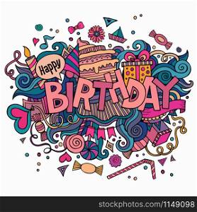 Birthday hand lettering and doodles elements background. Vector illustration