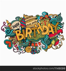 Birthday hand lettering and doodles elements background. Vector illustration. Birthday hand lettering and doodles elements background.