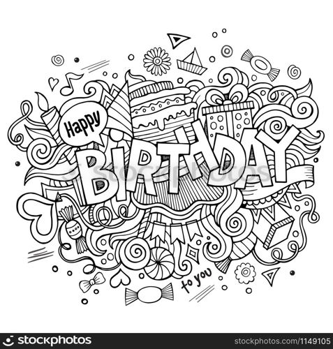 Birthday hand lettering and doodles elements background. Vector illustration. Birthday hand lettering and doodles elements background